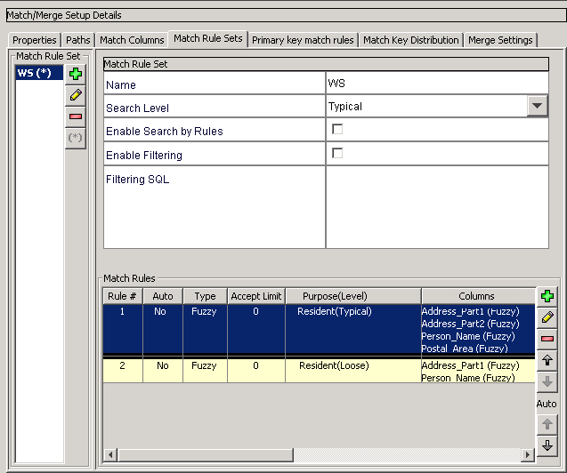 The Match Rule Sets tab with an automatic consolidation match rule, and a manual consolidation match rule. 
			 