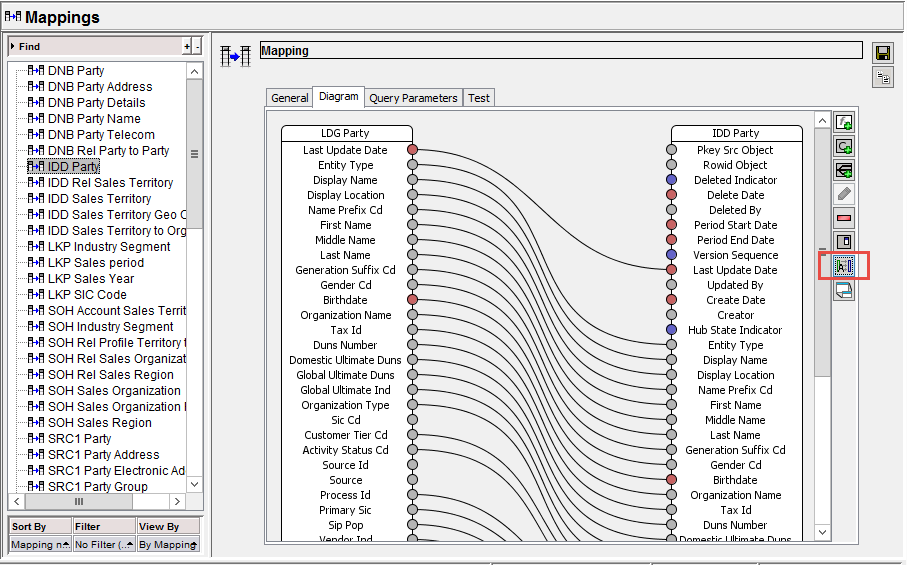 In the Diagram workspace, the columns with the same name are connected. 
				