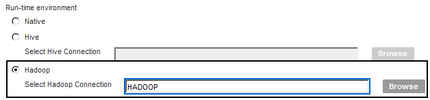 The image shows run-time environment options that you can choose to run a column profile in the Analyst tool. 
				  