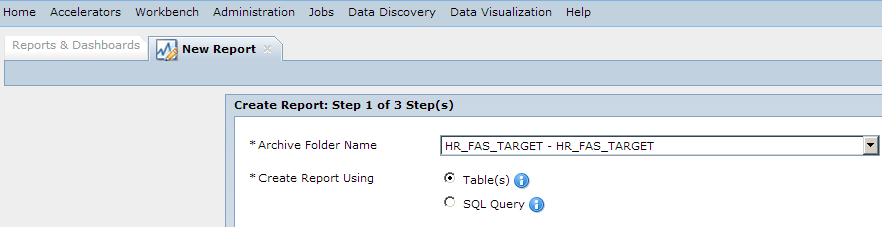 The first screen of the report-creation wizard contains fields to select an archive folder and the method you want to use to create the report. 
				