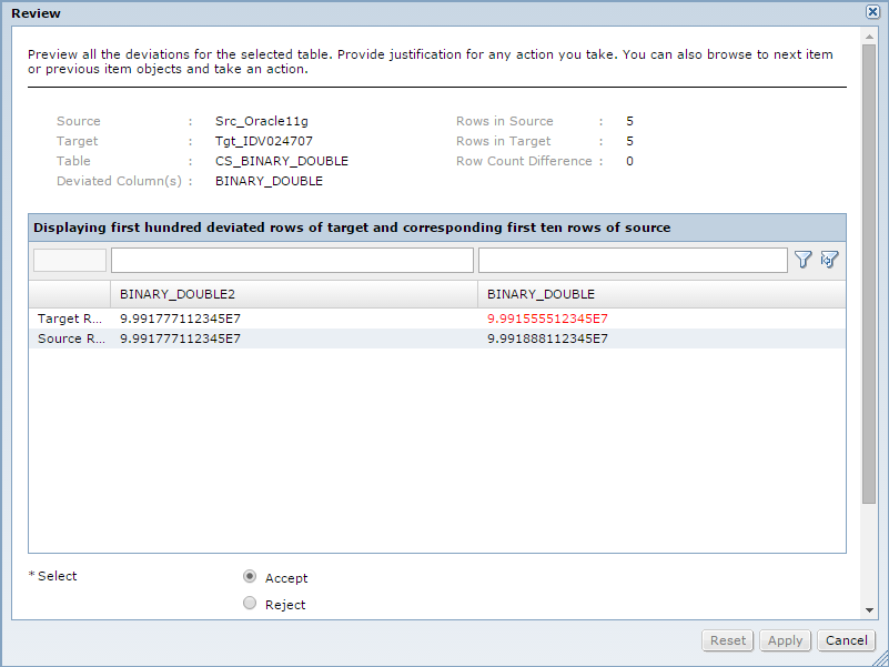 A screenshot of the Review pop-up window.  The review pop-up window displays a table of the deviated rows in the target, in addition to the corresponding rows in the source.