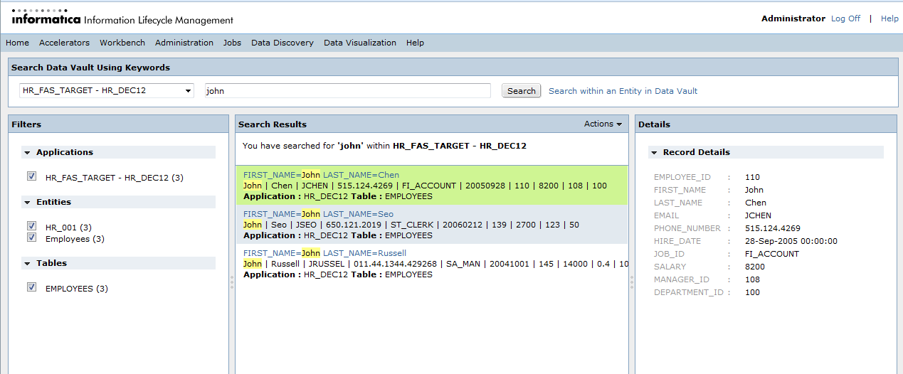 The Search Data Vault Results page contains the Filters, Search Results, and Details panels. The Filters panel contains sections for application, entities, and table filters.
		  