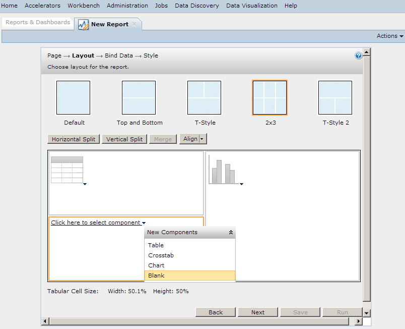 The Layout page allows you to select, size, and orient your components such as tables and charts, on the report page. 
				