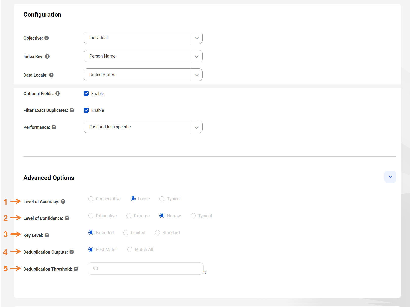 Advanced options on the Deduplication tab