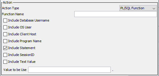 The PL/SQL Function rule action properties are a Function Name text field and check boxes for possible parameters.
		  