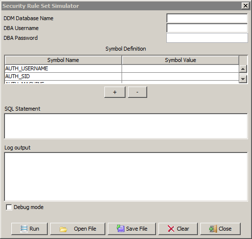 The Security Rule Set Simulator has fields for database information, symbol definitions, an SQL statement, and log output. 
			 
