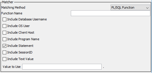 The PL/SQL Function matcher properties are a Function Name text field and check boxes for possible parameters. 
		  