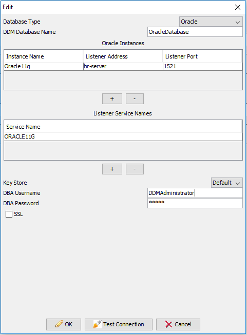 The DDM Database Name is OracleDatabase. The DBA Username is DDMAdministrator.
		  