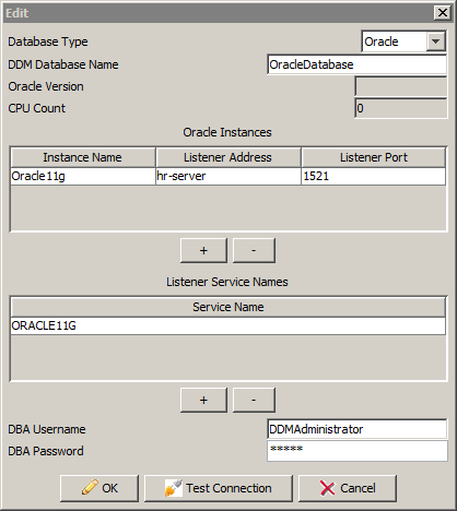 The DDM Database Name is OracleDatabase. The DBA Username is DDMAdministrator. 
		  