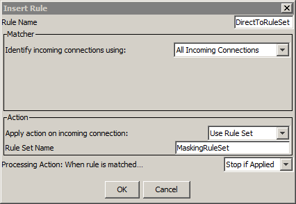 The connection rule uses the All Incoming Connections matcher, the Use Rule Set rule action, and the Stop if Applied processing action. 
		  