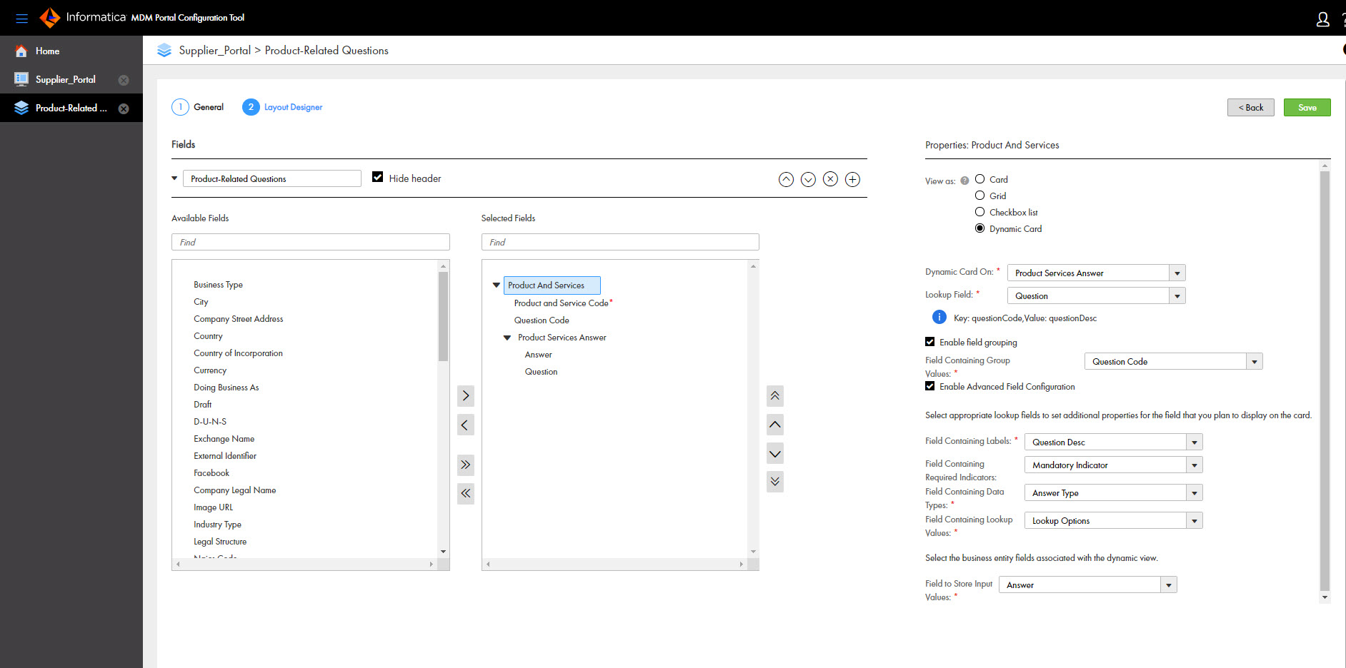 The settings for the fields in a dynamic card view for a product-related question page. 
				  