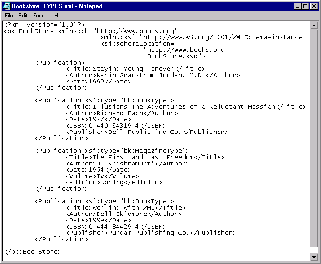 The XML file shows a publication, a magazine, and books in its code definition.
			 