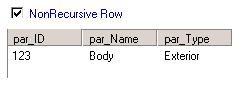 The data contains one row and the columns, par_ID, par_Name and par_Type. The value in the par_ID column is 123. The NonRecursive Row option is selected.
			 