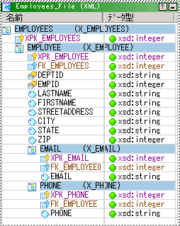 このEmployees_FileデフォルトXMLソース定義には、2つのカラム（NameとDatatype）があります。Nameには、ルート要素とそのデータが表示されています。Datatypeには複数出現要素が示されています。 
		  
