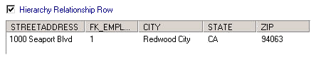 Address XML 데이터에는 세 개의 행 및 열 STREETADDRESS, FK_EMPLOYEE, CITY, STATE, ZIP이 포함됩니다. 여기에는 두 행의 데이터가 포함됩니다. Hierarchy Relationship Row(계층 관계 행) 옵션이 선택되어 있습니다. 
			 
