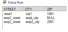 해당 데이터는 세 개의 행을 포함하며 열 STREET, CITY 및 ZIP에 대한 값을 보여 줍니다. Force Row(강제로 행 적용) 옵션이 선택되어 있습니다. 
			 