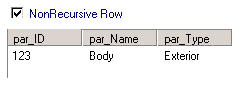 데이터에는 한 개의 행 및 열 par_ID, par_Name, par_Type이 포함됩니다. par_ID 열의 값은 123입니다. NonRecursive Row(비반복 행) 옵션이 선택되어 있습니다.
			 