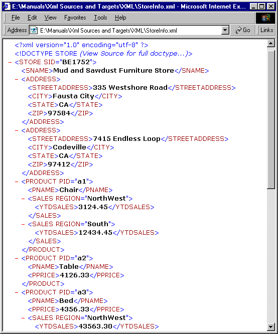 The StoreInfo.xml file shows store, product, and sales information. 
		  