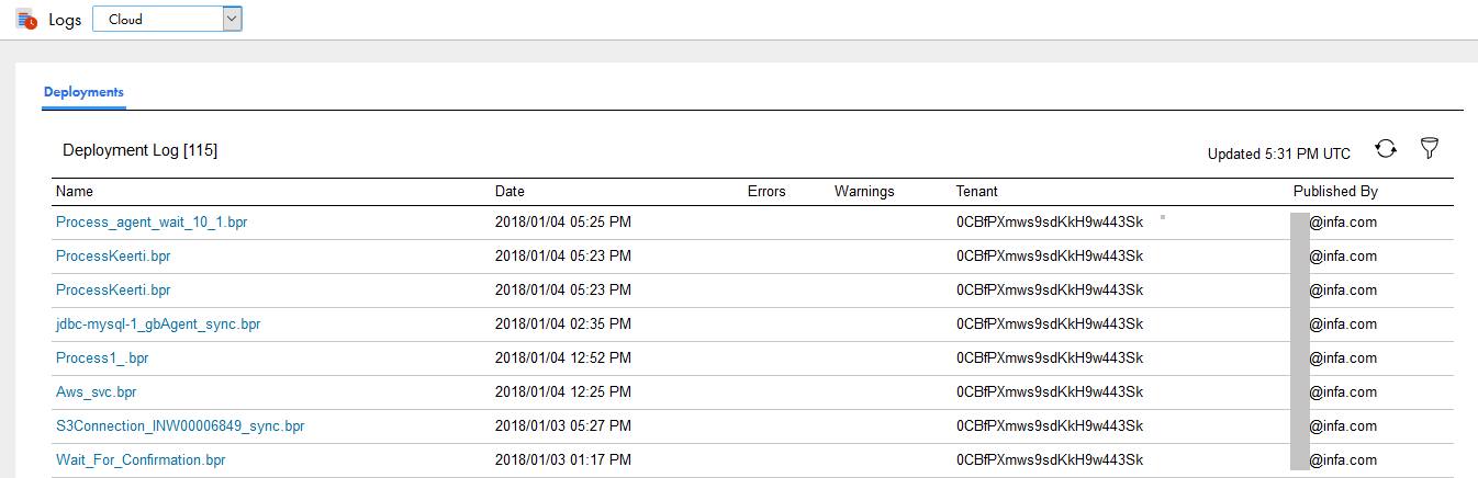 The deployments log tab showing the name, date, errors, warnings, tennant and deployed-by details for a list of BPR files.
		  