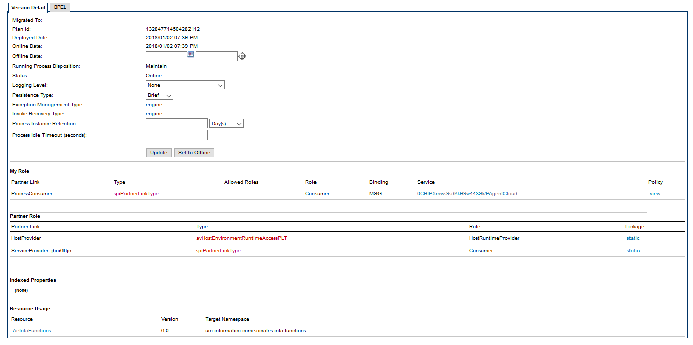 The Process Version page with version, role, indexed properties, and resource usage details shown. 
		  