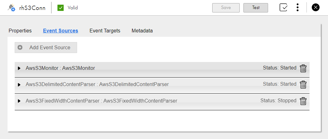 The image shows the event source status on the Event Sources tab of a listener-based connection. 
		  