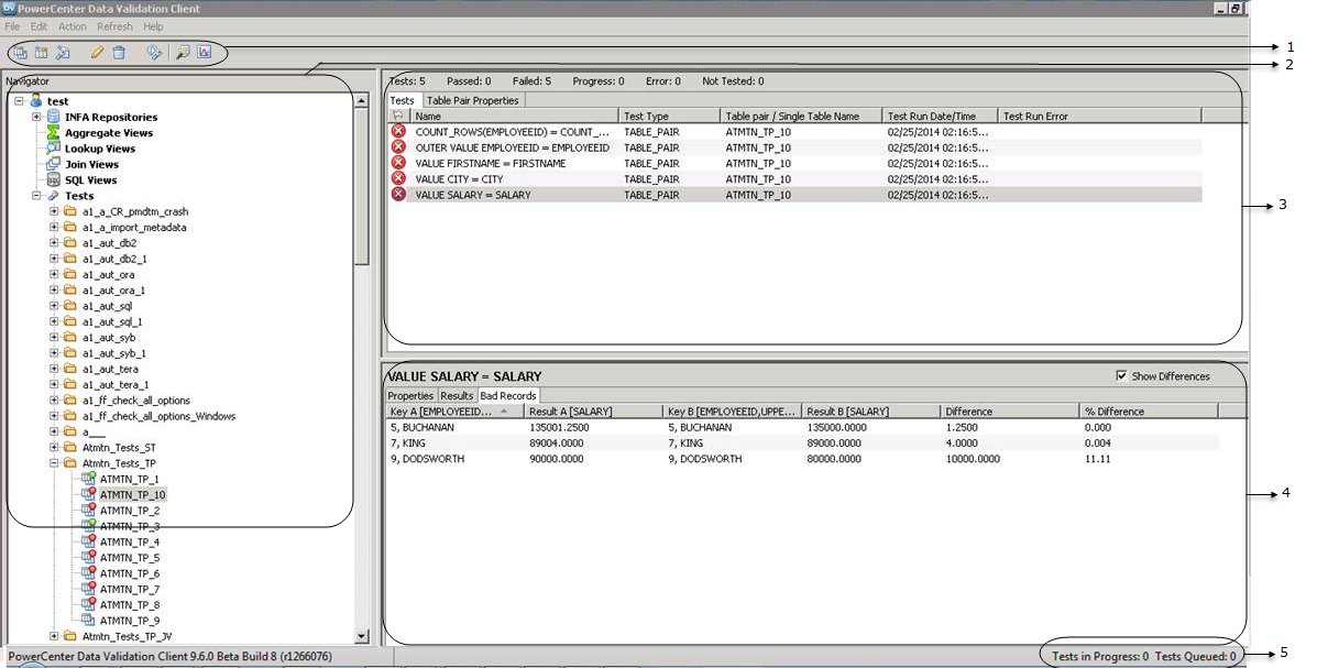 The Data Validation Client has a Navigator on the left-hand side where you can view repositories and repository objects. The right-hand side contains object details and test results. 
			 