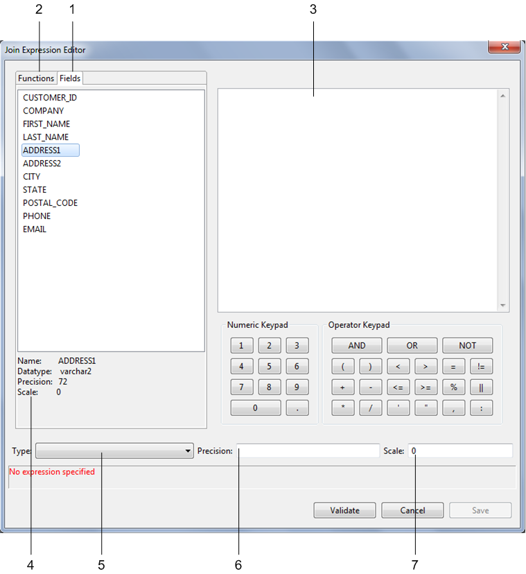 The Expression Editor consists of a Functions tab, a Fields tab, a text box in which to edit the expression, and interface elements to specify the data type, precision, and scale of the PowerCenter data type that you select for the expression. Depending on the tab that you click, the properties area displays the description of a selected function or the properties of the selected field. 
		