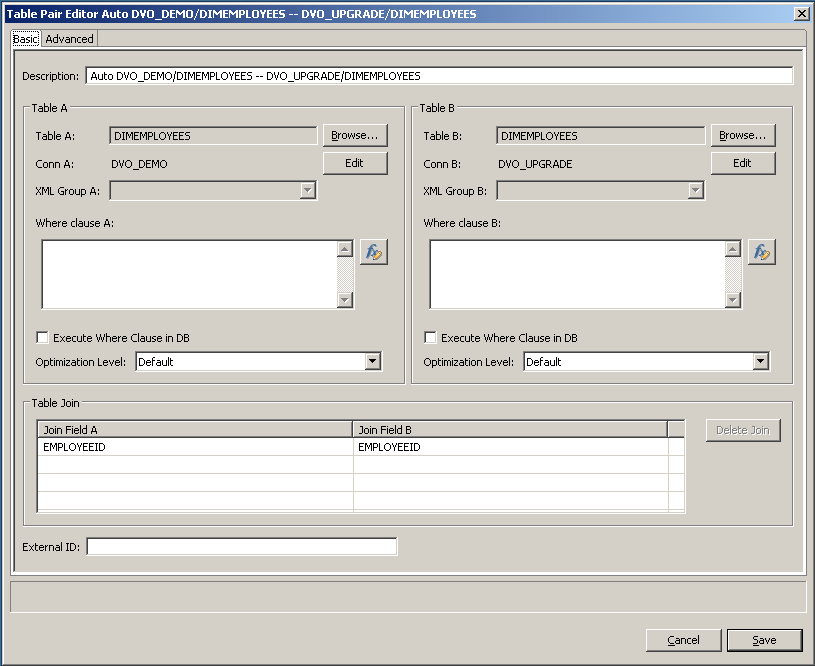 The Basic tab shows a table pair between the DIMEMPLOYEES table in the DVO_Training_Oracle connection and the DIMEMPLOYEES table in the DVO_Upgrade_Oracle connection. The table pair contains a join condition based on the EMPLOYEEID columns in both tables. 
				