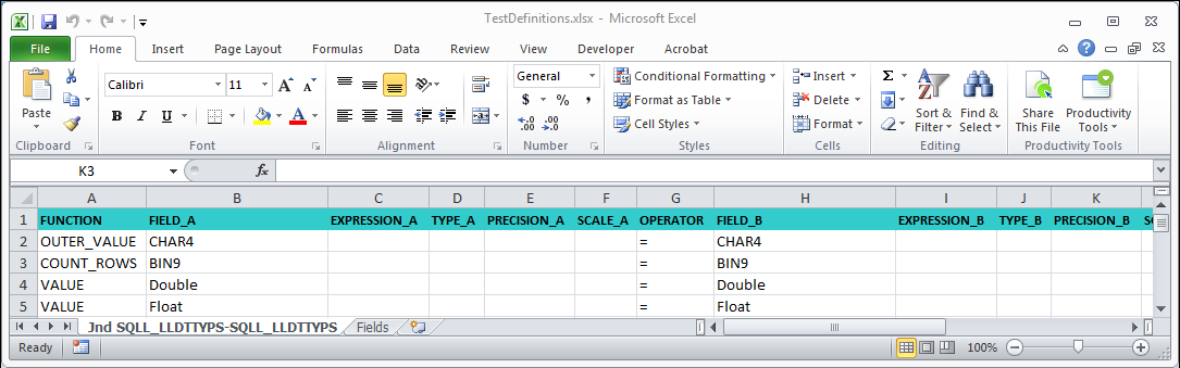 The Excel spreadsheet shows tests defined for the table pair. The spreadsheet shows the following test properties: test function, fields, expressions, datatypes, precisions, scales, and operator. 
				  