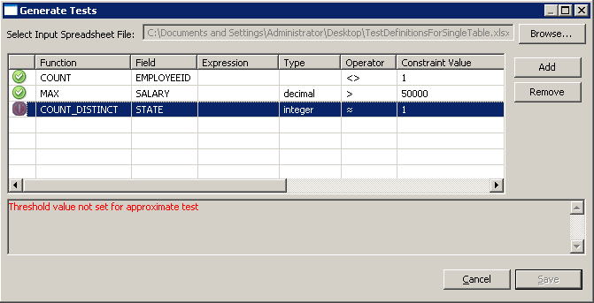 The dialog box shows the name and location of the spreadsheet file, test definitions, and an error. 
				  