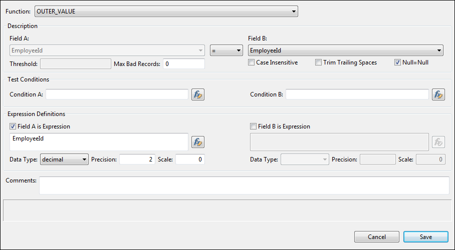 The OUTER_VALUE test shows EmployeeId from Table A selected in Field A and EmployeeId from Table B selected in B. The Expression Definition area shows that the EmployeeID in Field A is converted in a decimal data type. 
				  