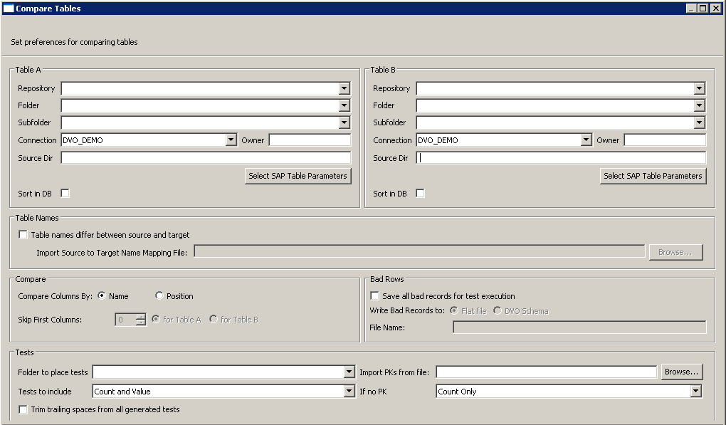 The dialog box shows table properties for both tables in the table pair, comparison properties, and test properties. The dialog box also contains a section where you can specify a file that maps each source table to a target table. 
				  