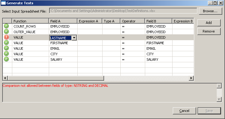 The dialog box shows the name and location of the spreadsheet file, test definitions, and an error. 
				  