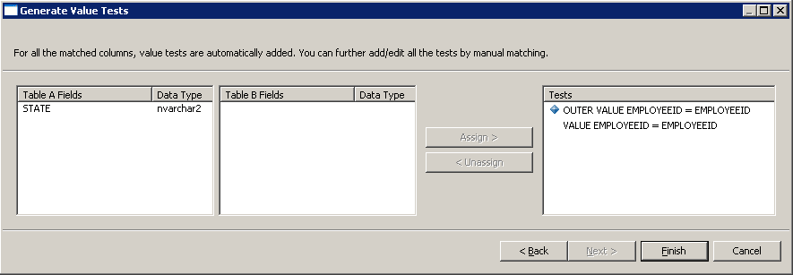 The dialog box shows the unmatched columns from each table. It also shows the tests that will be generated for the matched columns. 
					 