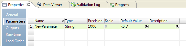 The Parameters tab shows a parameter called NewParameter, type string, precision 1000, default value R&D. 
			 