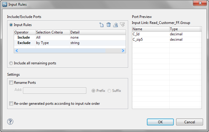 In the Input Rules dialog box for the From_Read_CUSTOMER_FF dynamic port, add an input rule to exclude ports of type string. 
				  