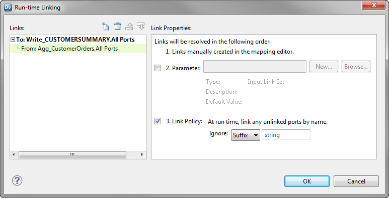 The Link Properties area of the Run-time Linking dialog box has two options Parameter and Link Policy to configure the run-time link. The Link Policy option is selected. 
				  