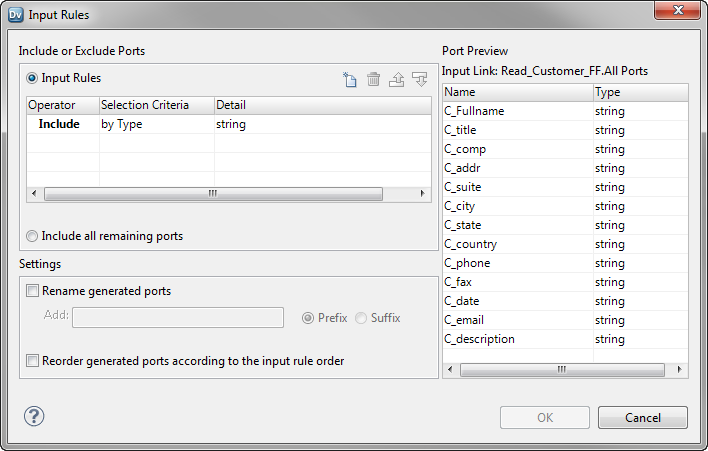  The Input Rules dialog box for the Read_Customer_FF dynamic port has an input rule to include ports of type string. The Port Preview area lists the ports of type string. The dialog box has options to rename and reorder generated ports that are not selected. 
				  