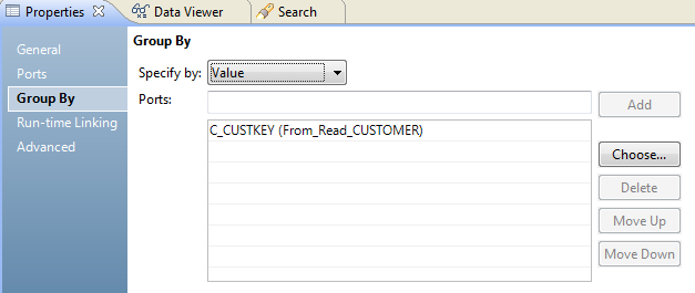 The Group By tab shows that the group by property is specified as a value and the port C_CUSTKEY is listed as a group by port. 
						