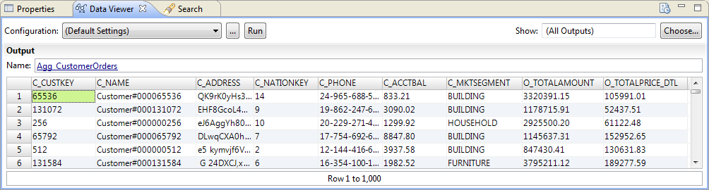 The Data Viewer tab shows the output of the data preview. You can preview the data for C_CUSTKEY, C_NAME, C_ADDRESS, C_NATIONKEY, C_PHONE, C_ACCTBAL, C_MKTSEGMENT, O_TOTALAMOUNT, and O_TOTALPRICEDTL. 
			 