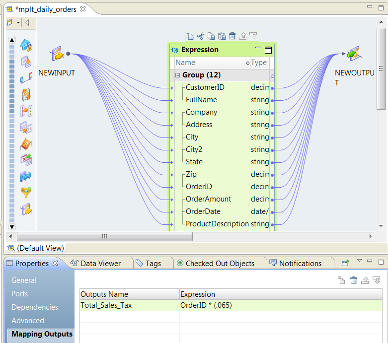 The image shows an Expression transformation highlighted in a mapping. The Mapping Outputs view of the transformation contains the Total_Sales_Tax .The mapping output expression is OrderID * .065
				  