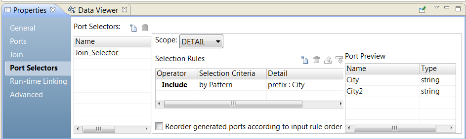 The port selector tab shows a port selector called Join_Selector. The scope is Detail, which is the Detail input group of a Joiner transformation. The Operator is Include. The Selection Criteria is By Pattern. The Detail column says prefix: City. The Port preview column shows City and City2 ports. 
				  