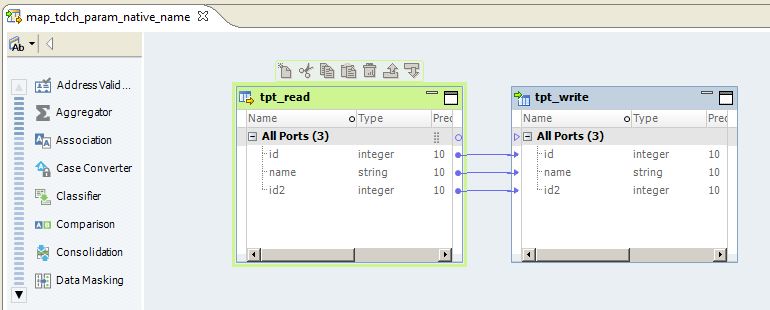 The image shows a Teradata data object with a Read transformation in the mapping editor. In this example, the Read transformation is connected directly to an associated downstream Write transformation. The metadata in the Read transformation is the same as the metadata in the output object shown in the data object editor in the previous image. 
			 