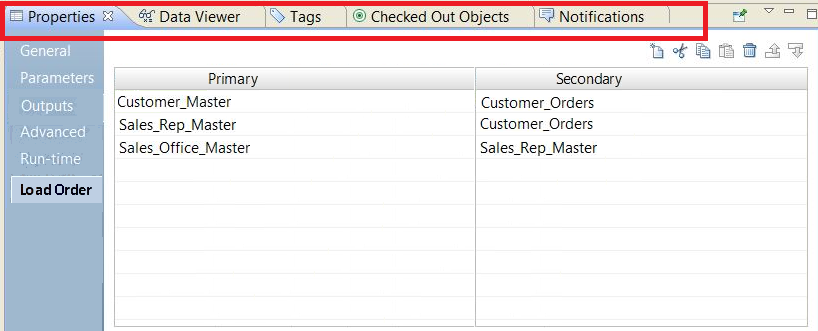 This image shows the five different views available in Informatica Developer. They are the properties view, the data viewer view, the tags view, the checked out objects view, and the notifications view. 
		  