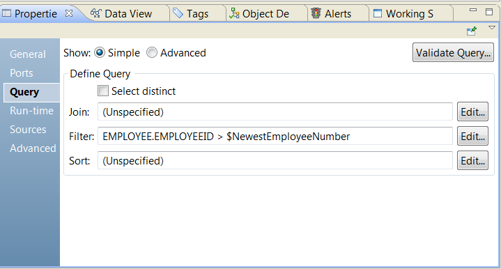 The Query view of a relational data object shows a filter with the following statement: Employee.EmployeeID > NewestEmployeeNumber 
		  
