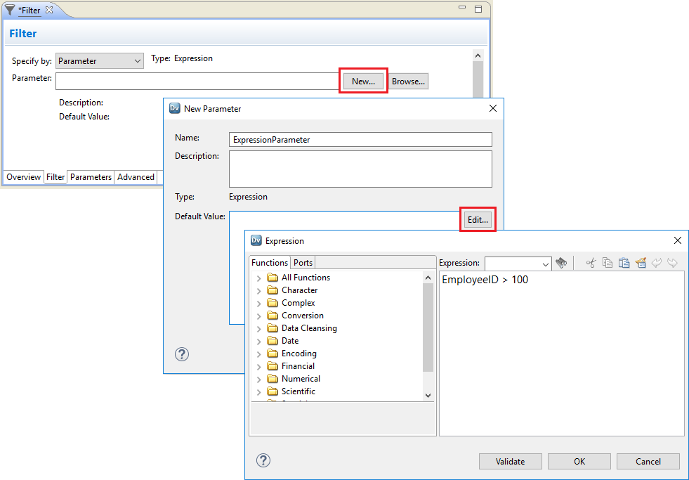 This image shows the Filter tab of the Filter transformation, the New Parameter dialog box, and the Expression Editor where you can configure the expression parameter. 
			 