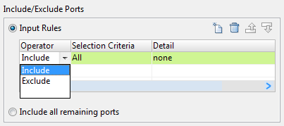 You can select the Input Rules option or the Include all remaining ports option in the Include/Exclude Ports area of the Input Rules dialog box. Input Rules contain three columns, Operator, Selection Criteria, and Detail. You can choose Include or Exclude from the Operator column.
				  