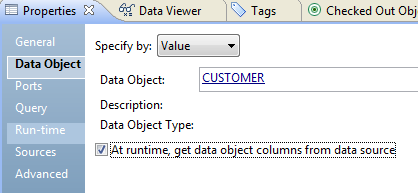 Select the option to get data object columns from the data source at run time in the Data Object tab.
				  