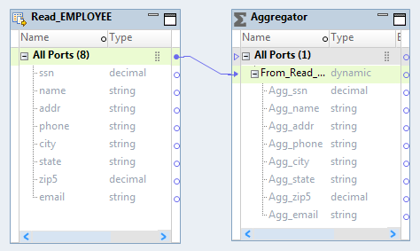 The mapping contains a Read transformation and an Aggregator transformation. The Aggregator transformation has a dynamic port From_Read_EMPLOYEE with generated ports that have an Agg_ prefix. 
			 
