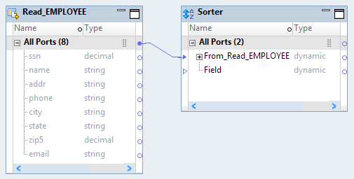 The mapping contains a Read transformation and a Sorter transformation. The All Ports group from the Read transformation is linked to a dynamic port From_Read_EMPLOYEE in the Sorter transformation. The dynamic port has generated ports. The Sorter transformation has another dynamic port Field that does not have any generated ports. 
					 